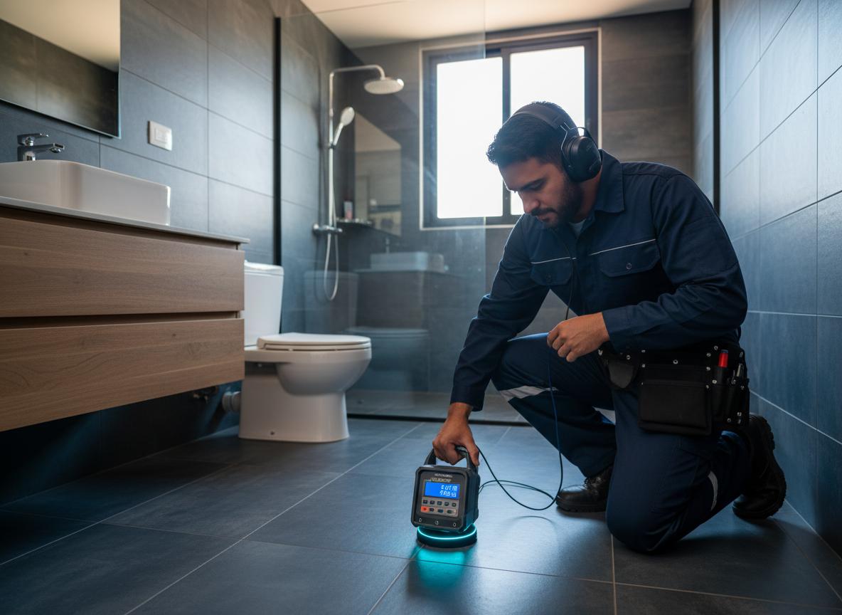 Técnico utilizando geofone digital para detecção de vazamentos